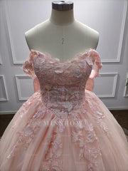 Girly Pink Off-The-Shoulder Lace Ball Gown Prom Dress with Cathedral Train and Bow