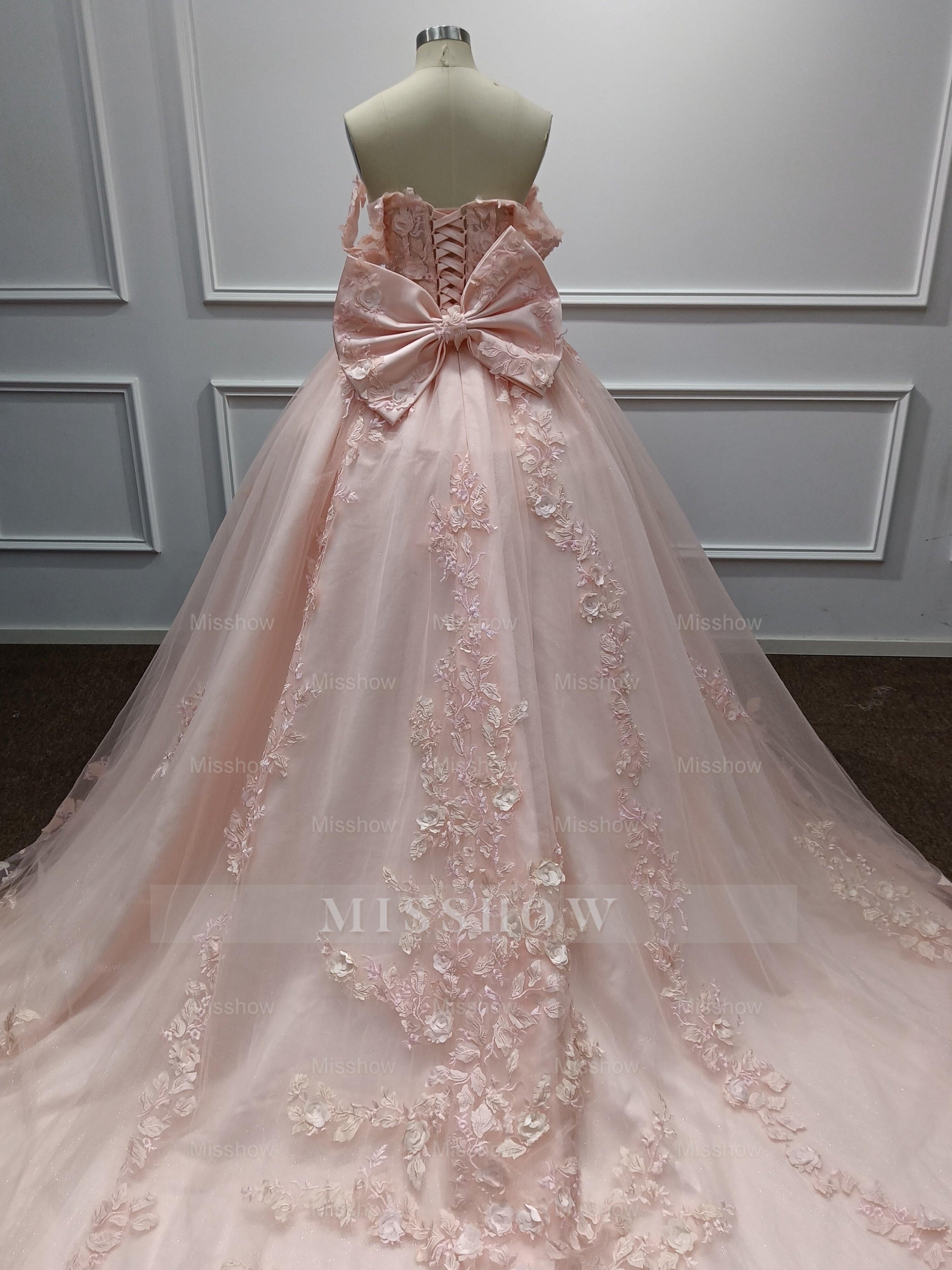 Girly Pink Off-The-Shoulder Lace Ball Gown Prom Dress with Cathedral Train and Bow