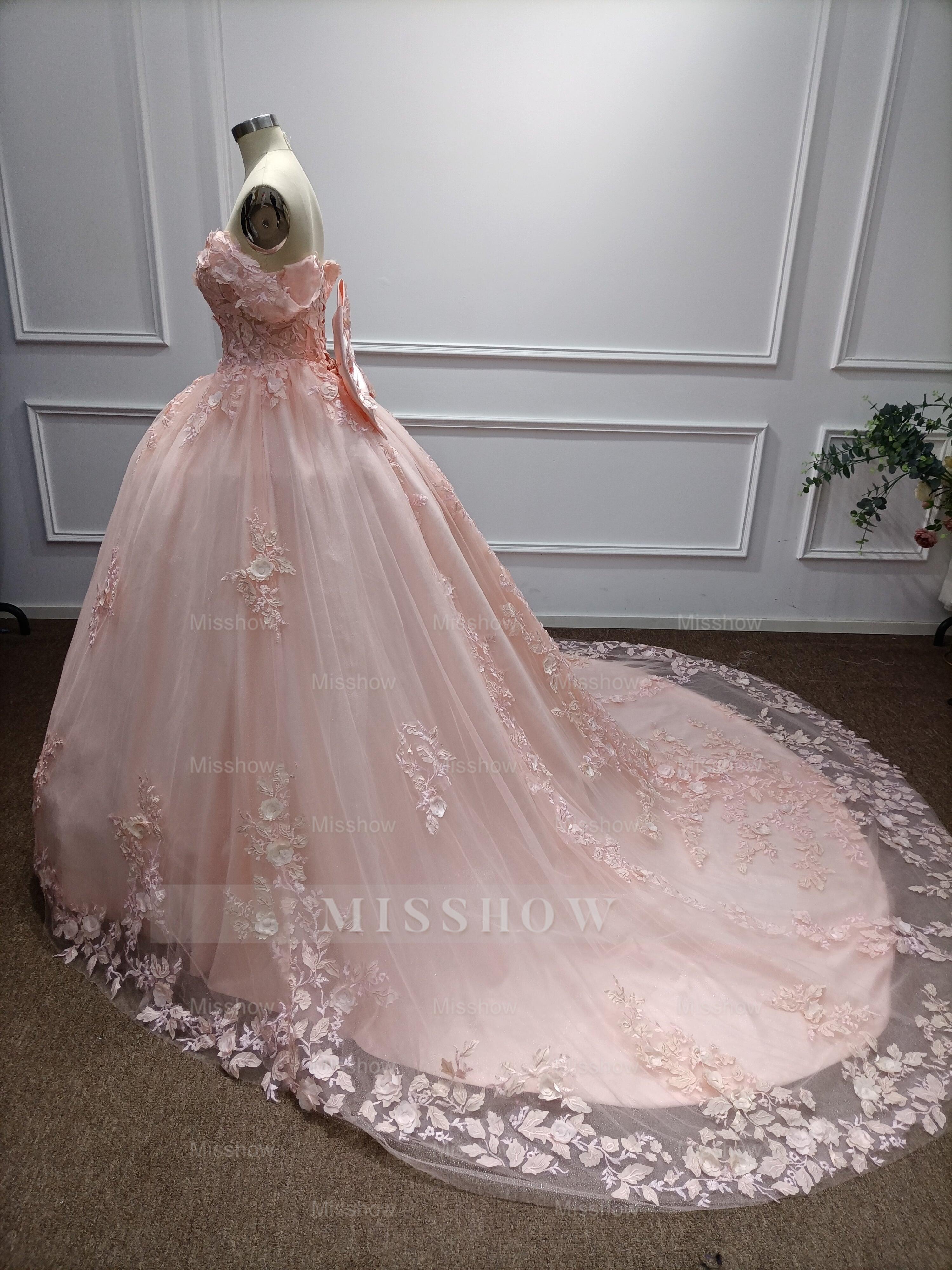 Girly Pink Off-The-Shoulder Lace Ball Gown Prom Dress with Cathedral Train and Bow
