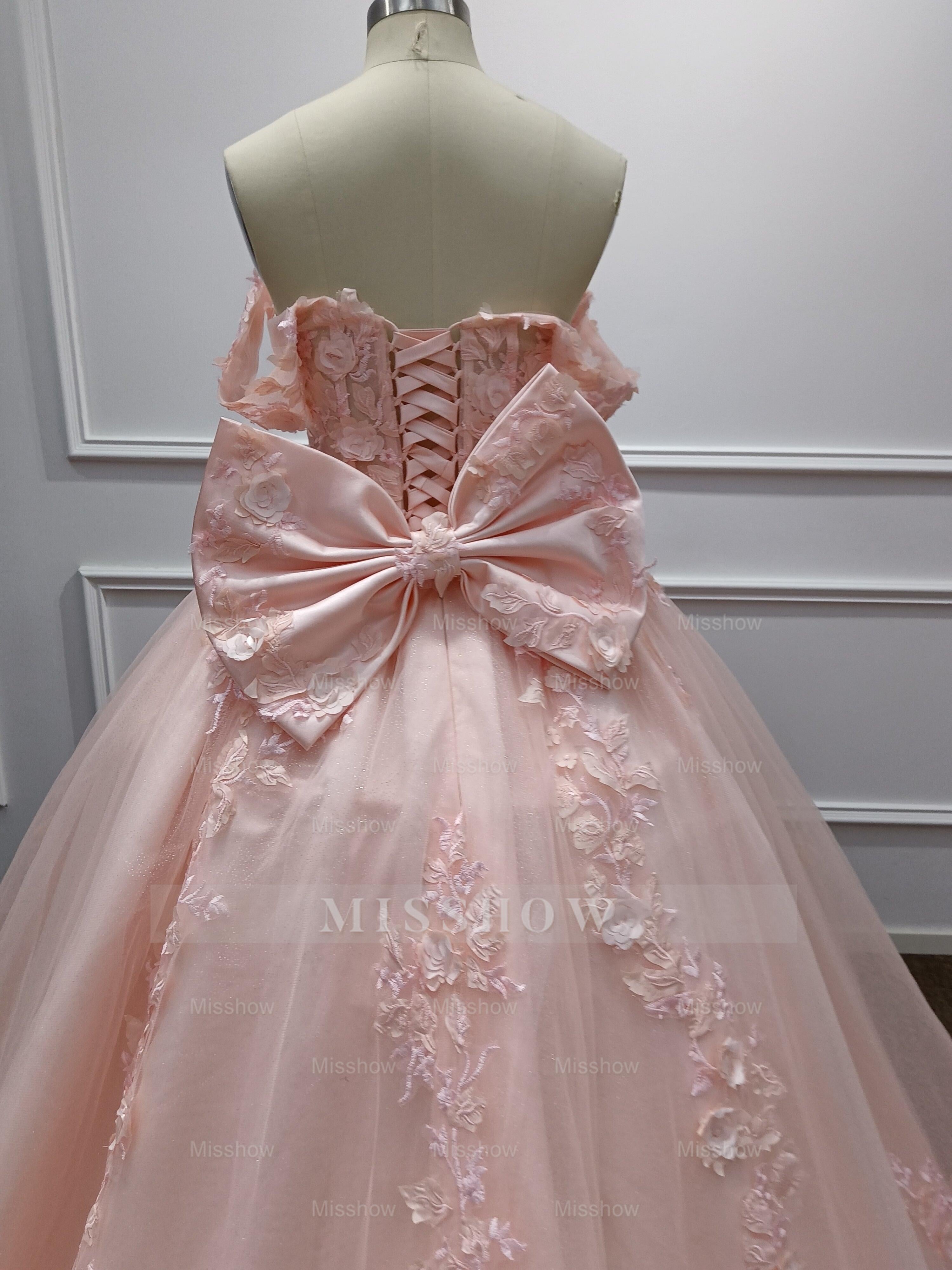 Girly Pink Off-The-Shoulder Lace Ball Gown Prom Dress with Cathedral Train and Bow