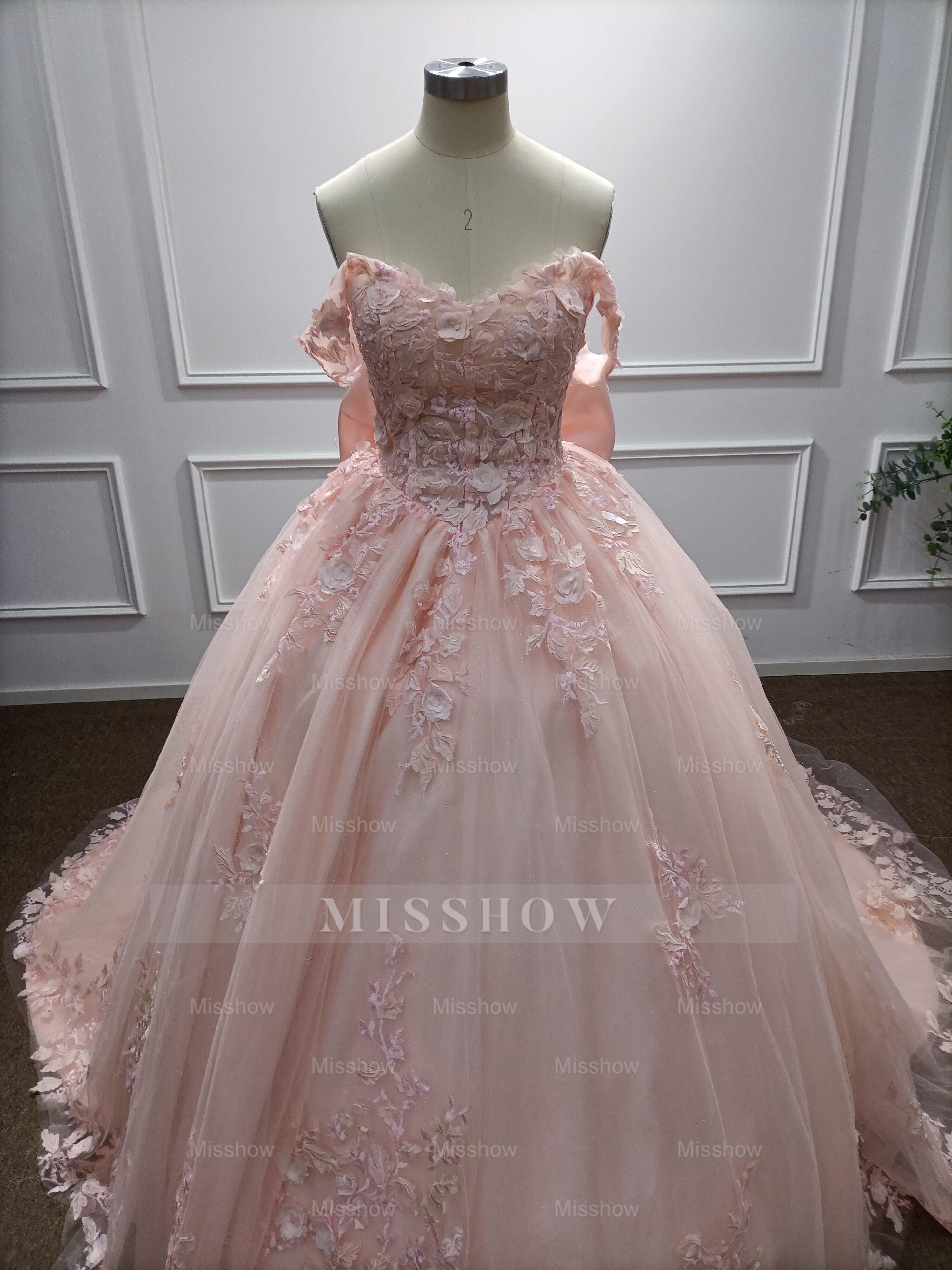 Girly Pink Off-The-Shoulder Lace Ball Gown Prom Dress with Cathedral Train and Bow