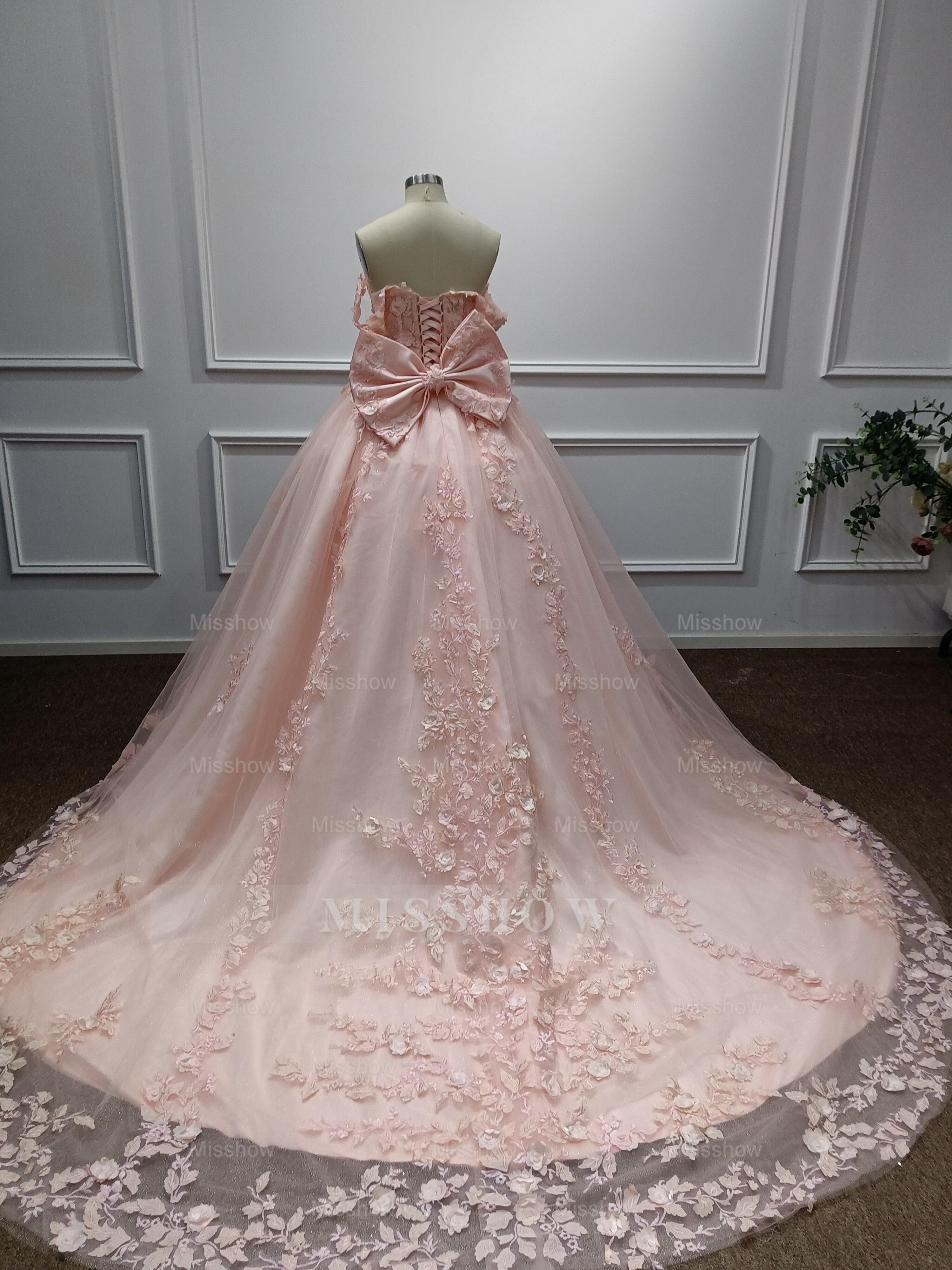 Girly Pink Off-The-Shoulder Lace Ball Gown Prom Dress with Cathedral Train and Bow