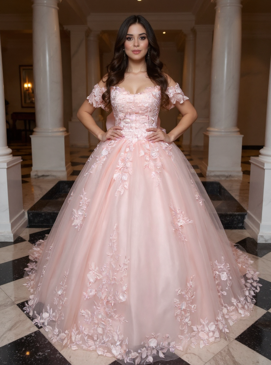 Girly Pink Off-The-Shoulder Lace Ball Gown Prom Dress with Cathedral Train and Bow