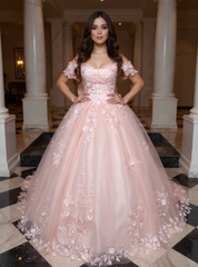 Girly Pink Off-The-Shoulder Lace Ball Gown Prom Dress with Cathedral Train and Bow