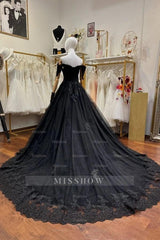 Glamorous Black Off-The -Shoulder Sleeveless Ball Gown Wedding Dress with Beads and Appliques