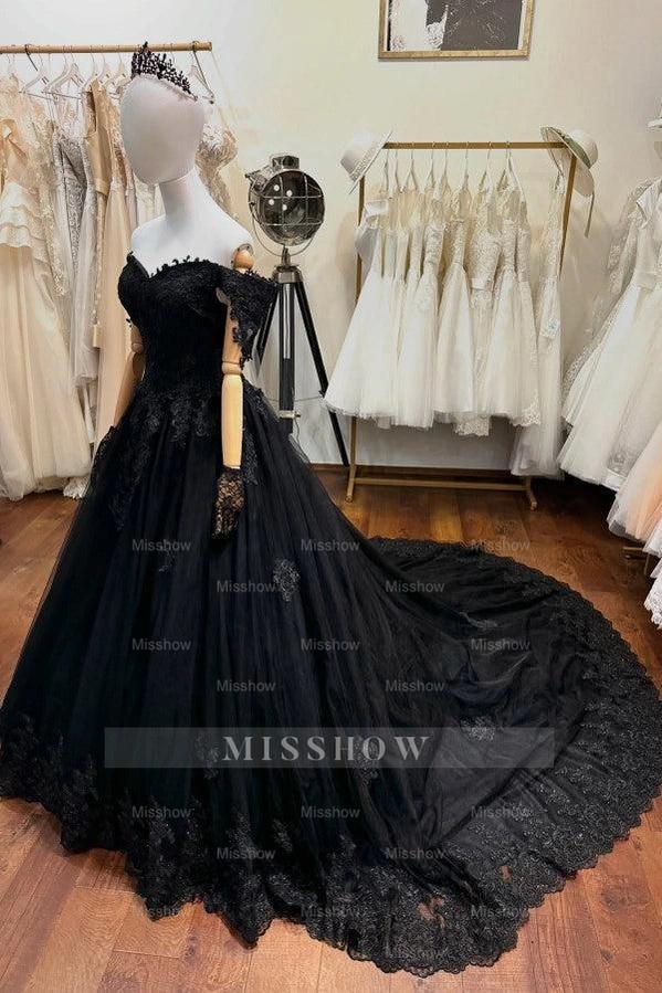 Glamorous Black Off-The -Shoulder Sleeveless Ball Gown Wedding Dress with Beads and Appliques