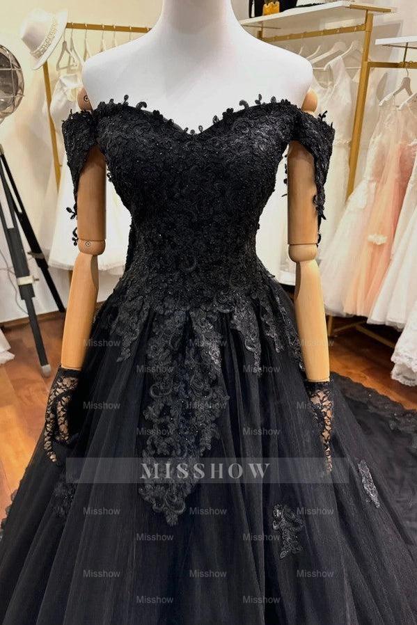Glamorous Black Off-The -Shoulder Sleeveless Ball Gown Wedding Dress with Beads and Appliques