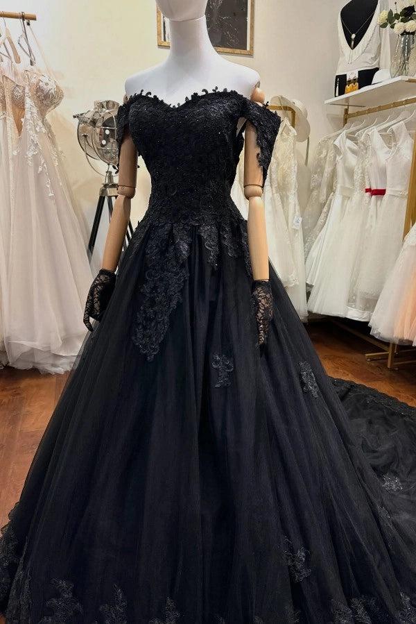 Glamorous Black Off-The -Shoulder Sleeveless Ball Gown Wedding Dress with Beads and Appliques
