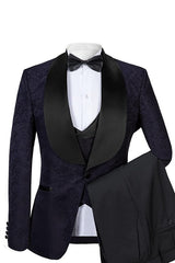 Glamorous Black Shawl Lapel Three-Piece Jacquard Wedding Suit for Men