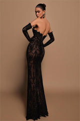 Glamorous Black Strapless Embroidery Long Split Formal Dress With Gloves
