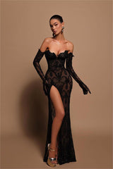 Glamorous Black Strapless Embroidery Long Split Formal Dress With Gloves