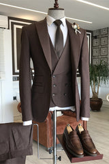 Glamorous Brown Peaked Lapel Three-Piece Business Suit