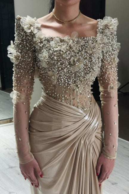 Glamorous Champagne Mermaid Square Beaded Long Sleeve Ruffle Satin Evening Dresses With Pearls And Handmake Flowers