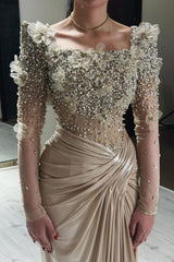 Glamorous Champagne Mermaid Square Beaded Long Sleeve Ruffle Satin Evening Dresses With Pearls And Handmake Flowers