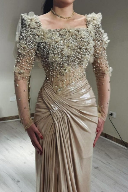 Glamorous Champagne Mermaid Square Beaded Long Sleeve Ruffle Satin Evening Dresses With Pearls And Handmake Flowers