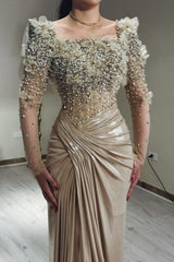 Glamorous Champagne Mermaid Square Beaded Long Sleeve Ruffle Satin Evening Dresses With Pearls And Handmake Flowers