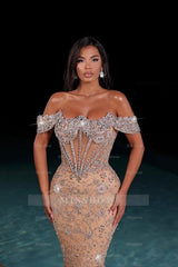 Glamorous Champagne Off-The-Shoulder Floor-Length Lace Mermaid Evening Dress with Rhinestones