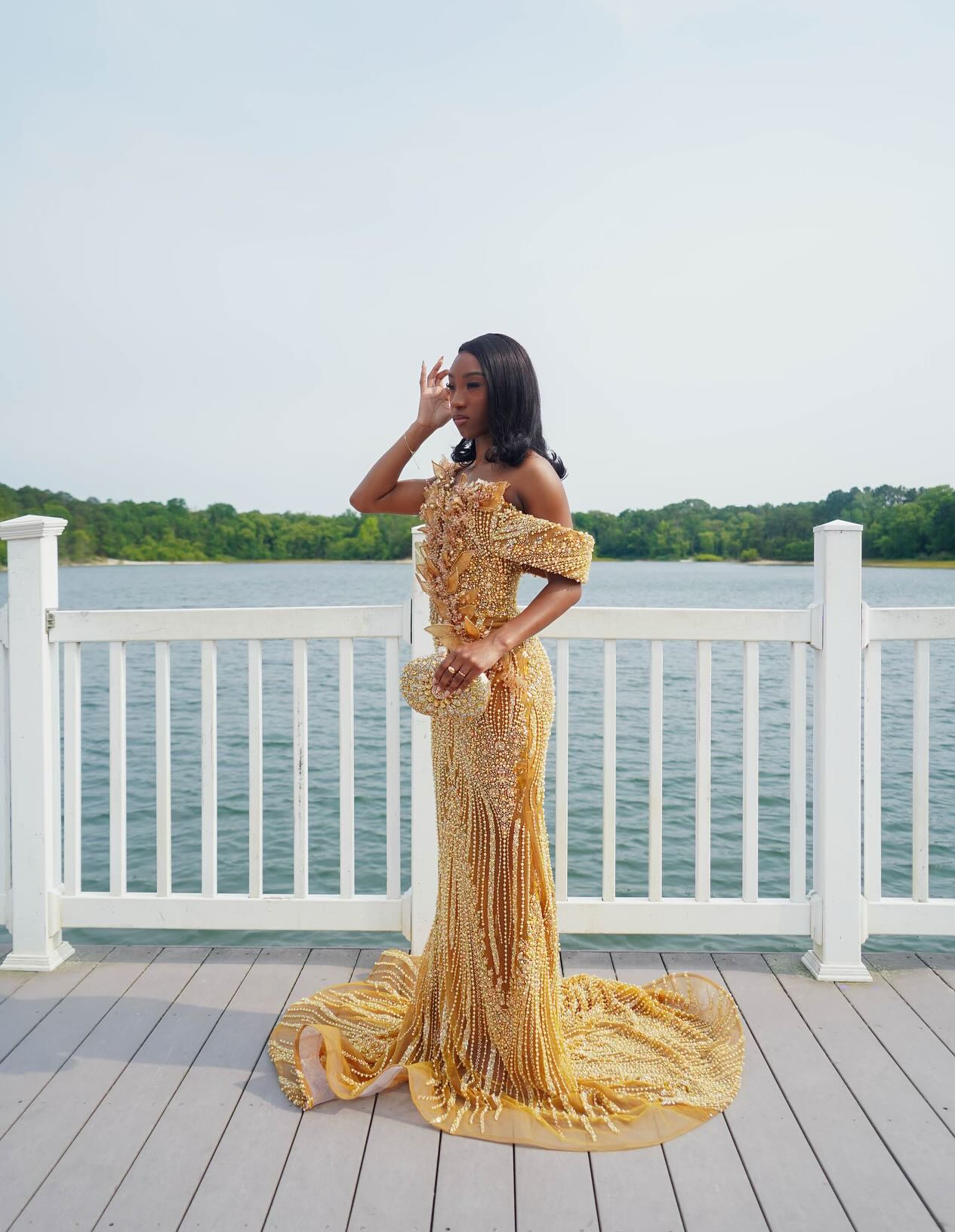 Gold v-neck beaded mermaid prom dress