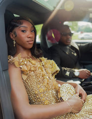 Gold v-neck beaded mermaid prom dress