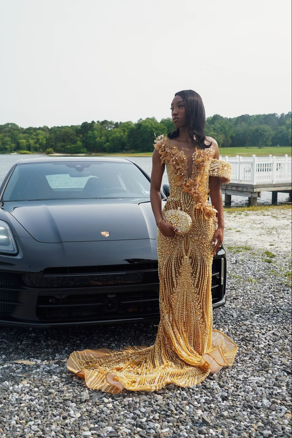 Gold v-neck beaded mermaid prom dress