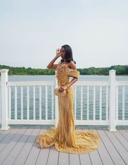 Glamorous Gold V-Neck Sleeveless Mermaid Prom Dress with Beadings and 3D Flowers