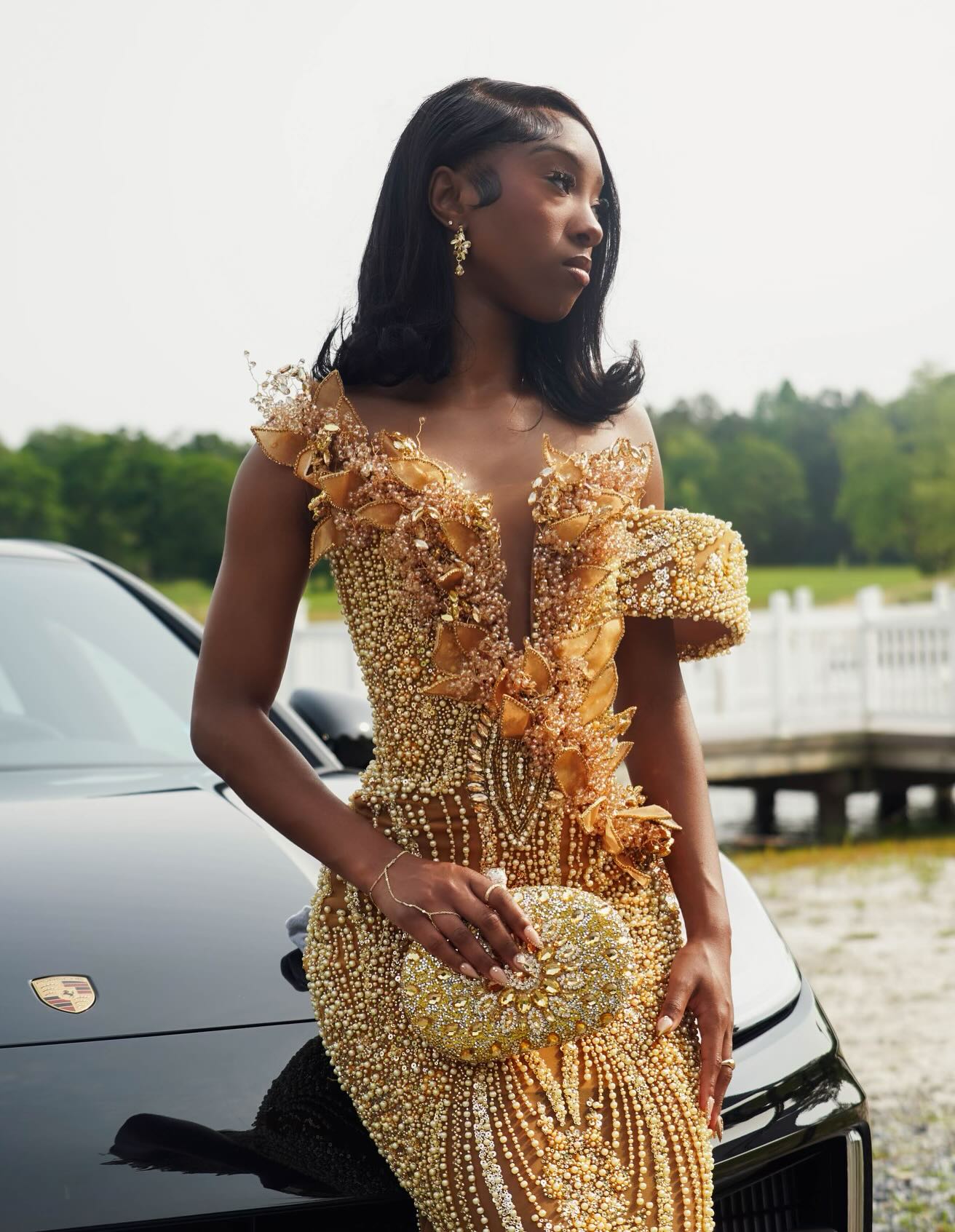 Glamorous Gold V-Neck Sleeveless Mermaid Prom Dress with Beadings and 3D Flowers