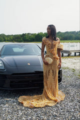 Glamorous Gold V-Neck Sleeveless Mermaid Prom Dress with Beadings and 3D Flowers