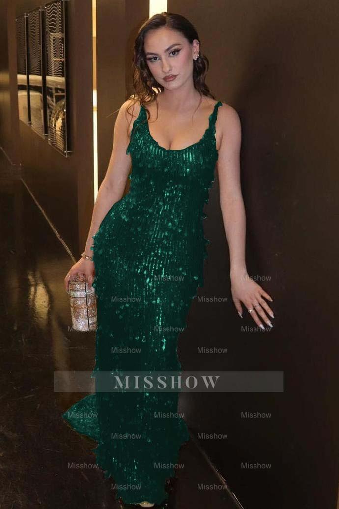 Glamorous Green Spaghetti Strap Sleeveless Long Formal Dress With Beadings