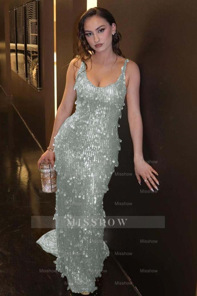 Glamorous Green Spaghetti Strap Sleeveless Long Formal Dress With Beadings