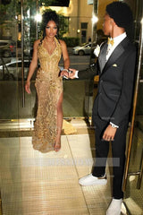 Glamorous Halter Gold Lace Beaded Sleeveless Long Prom Dress with Slit