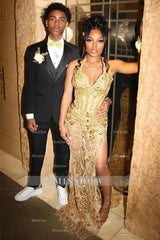 Gold halter split-front mermaid prom dress