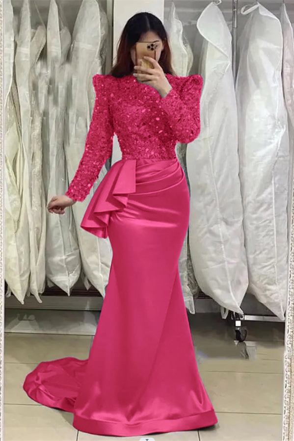 Glamorous Lavender Long Mermaid High Neck Beading Prom Dress With Long Sleeves