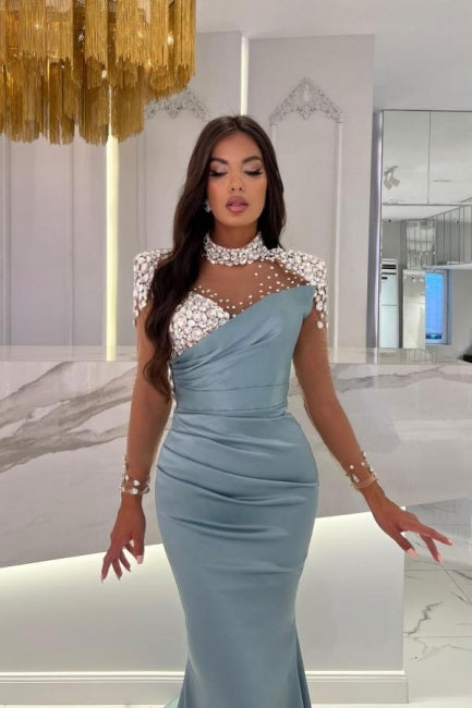 Glamorous Long Blue Mermaid High Neck Glitter Satin Prom Evening Dresses With Long Sleeves