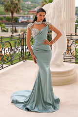 Glamorous Long Blue Mermaid High Neck Glitter Satin Prom Evening Dresses With Long Sleeves