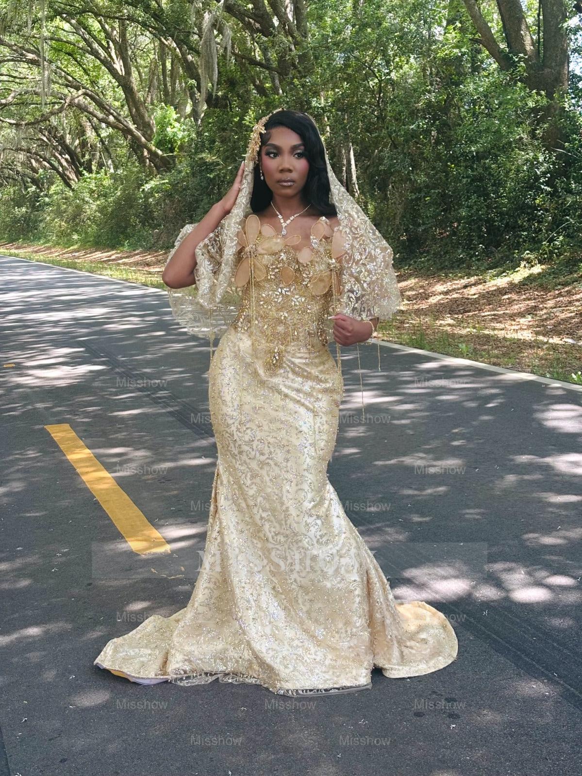 Glamorous Long Gold Off-the-shoulder Beaded Flowers Prom Dress with Lace and Veil