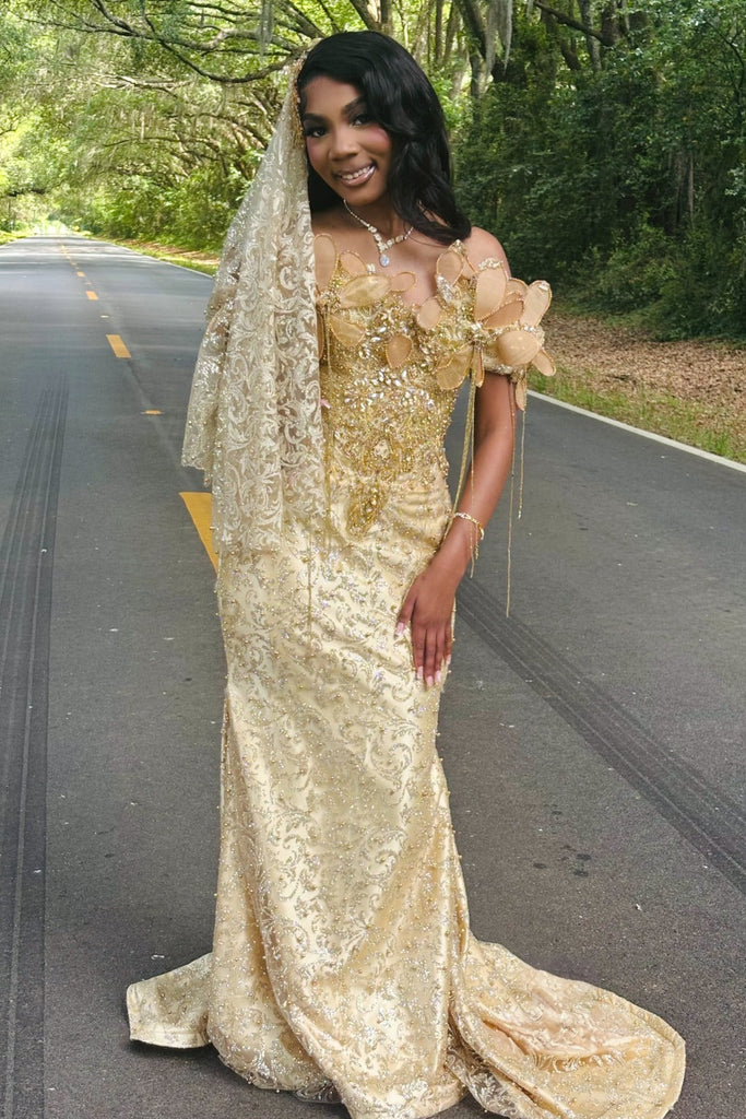 Glamorous Long Gold Off-the-shoulder Beaded Flowers Prom Dress with Lace and Veil Glamorous Long Gold Off-the-shoulder Beaded Flowers Prom Dress with Lace and Veil