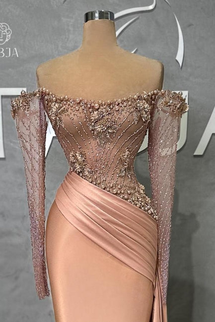 Glamorous Long Mermaid Off-the-shoulder Satin Beading Pearls Prom Evening Dresses with Long Sleeves