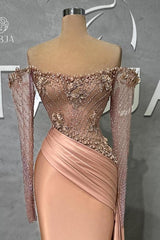 Glamorous Long Mermaid Off-the-shoulder Satin Beading Pearls Prom Evening Dresses with Long Sleeves