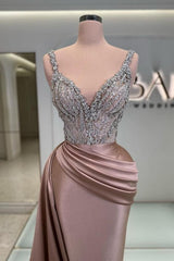 Glamorous Long Mermaid V-neck Sleeveless Jewel Prom Evening Dresses