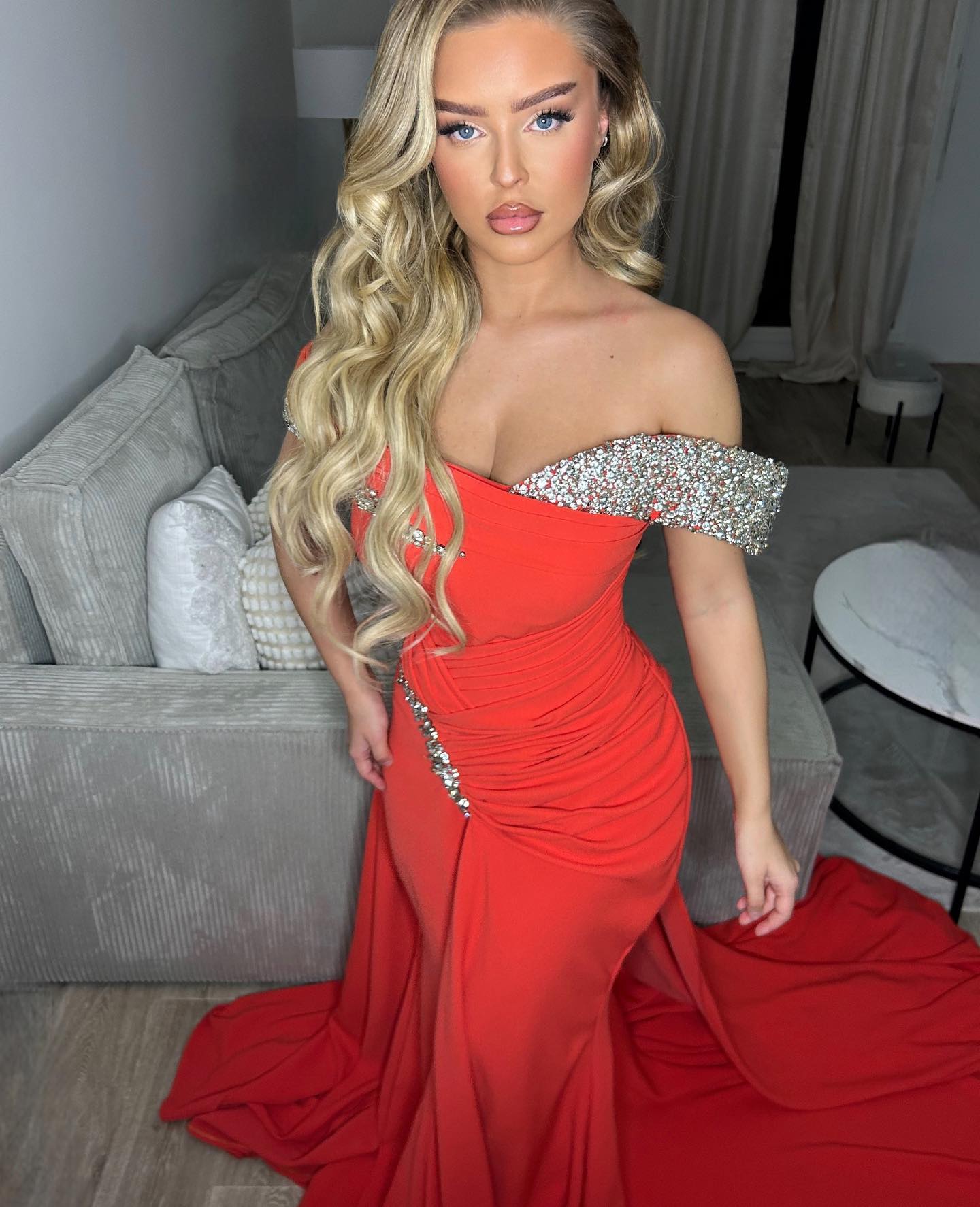 Glamorous Long Orange Mermaid Off-the-shoulder Beaded Sequined Prom Dress