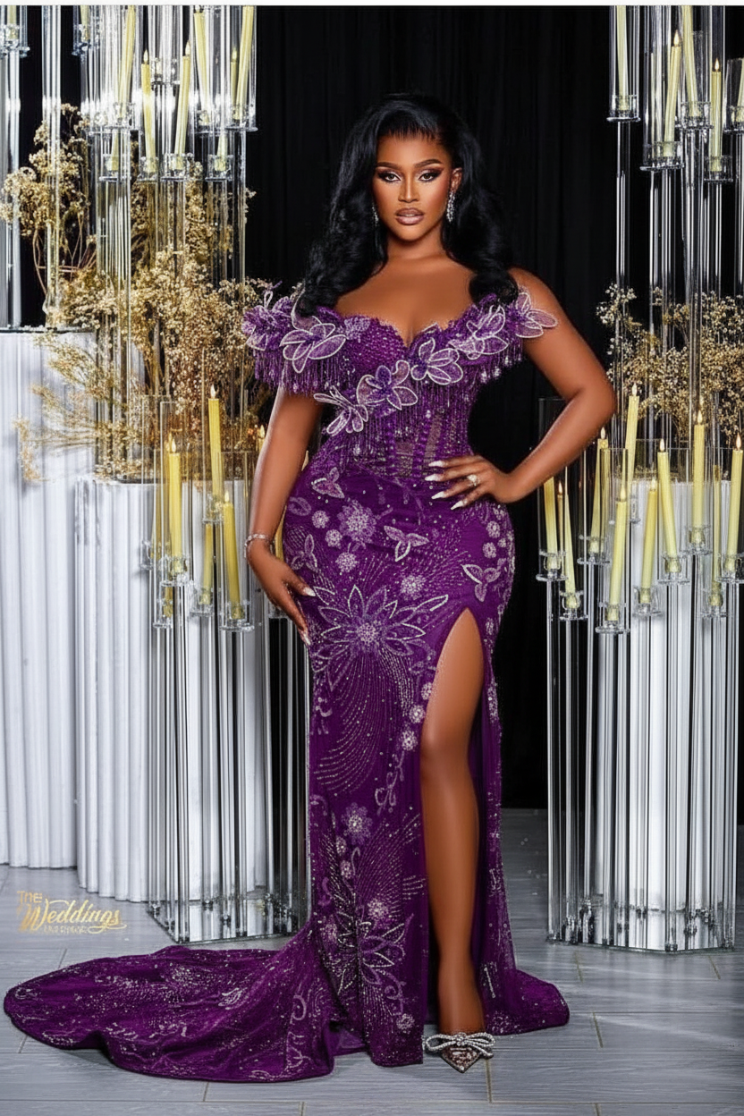 Glamorous Long Orange Mermaid Off-the-shoulder Lace Glitter Prom Evening Dress with Slit