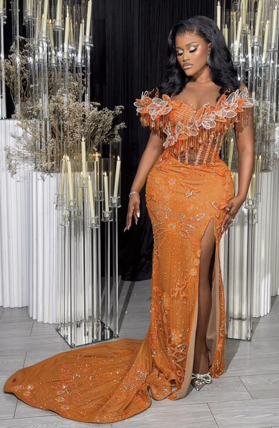 Glamorous Long Orange Mermaid Off-the-shoulder Lace Glitter Prom Evening Dress with Slit