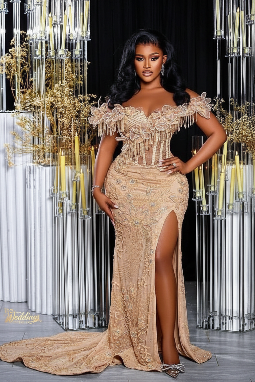 Glamorous Long Orange Mermaid Off-the-shoulder Lace Glitter Prom Evening Dress with Slit