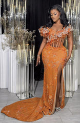 Glamorous Long Orange Mermaid Off-the-shoulder Lace Glitter Prom Evening Dress with Slit