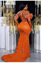 Glamorous Long Orange Mermaid Off-the-shoulder Lace Glitter Prom Evening Dress with Slit