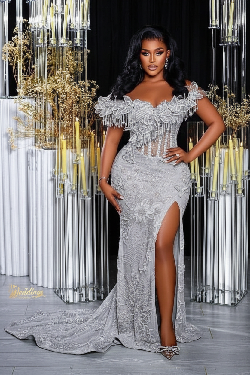 Glamorous Long Orange Mermaid Off-the-shoulder Lace Glitter Prom Evening Dress with Slit