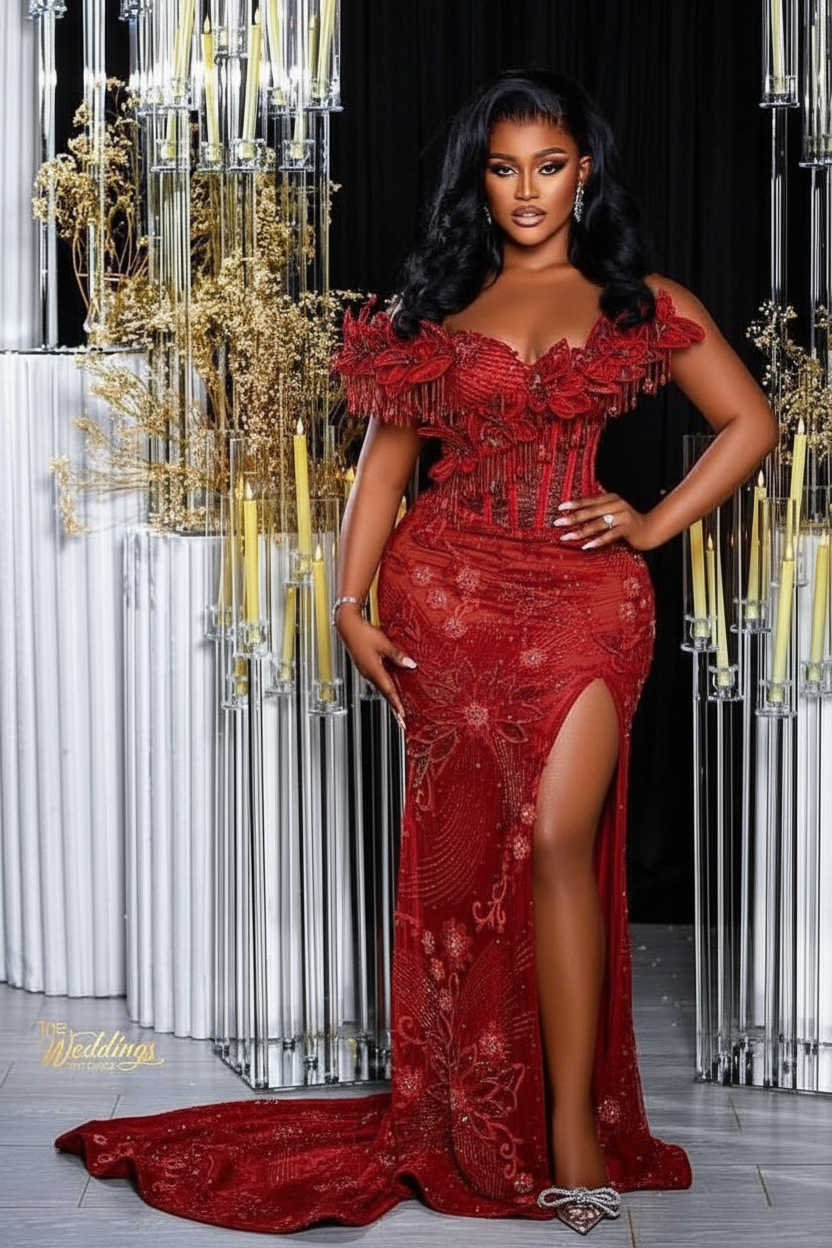 Glamorous Long Orange Mermaid Off-the-shoulder Lace Glitter Prom Evening Dress with Slit