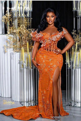Glamorous Long Orange Mermaid Off-the-shoulder Lace Glitter Prom Evening Dress with Slit