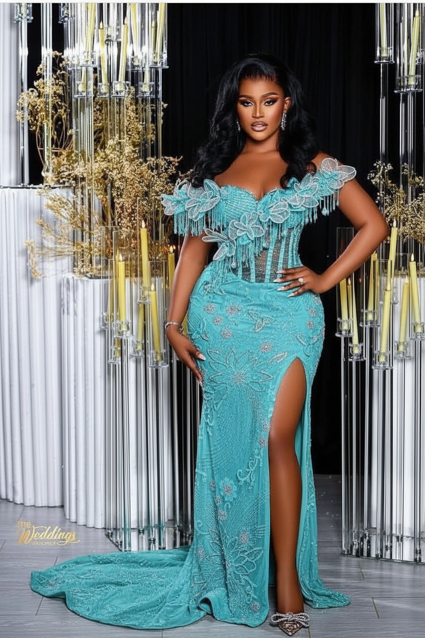 Jade off-the-shoulder split-front mermaid prom dress