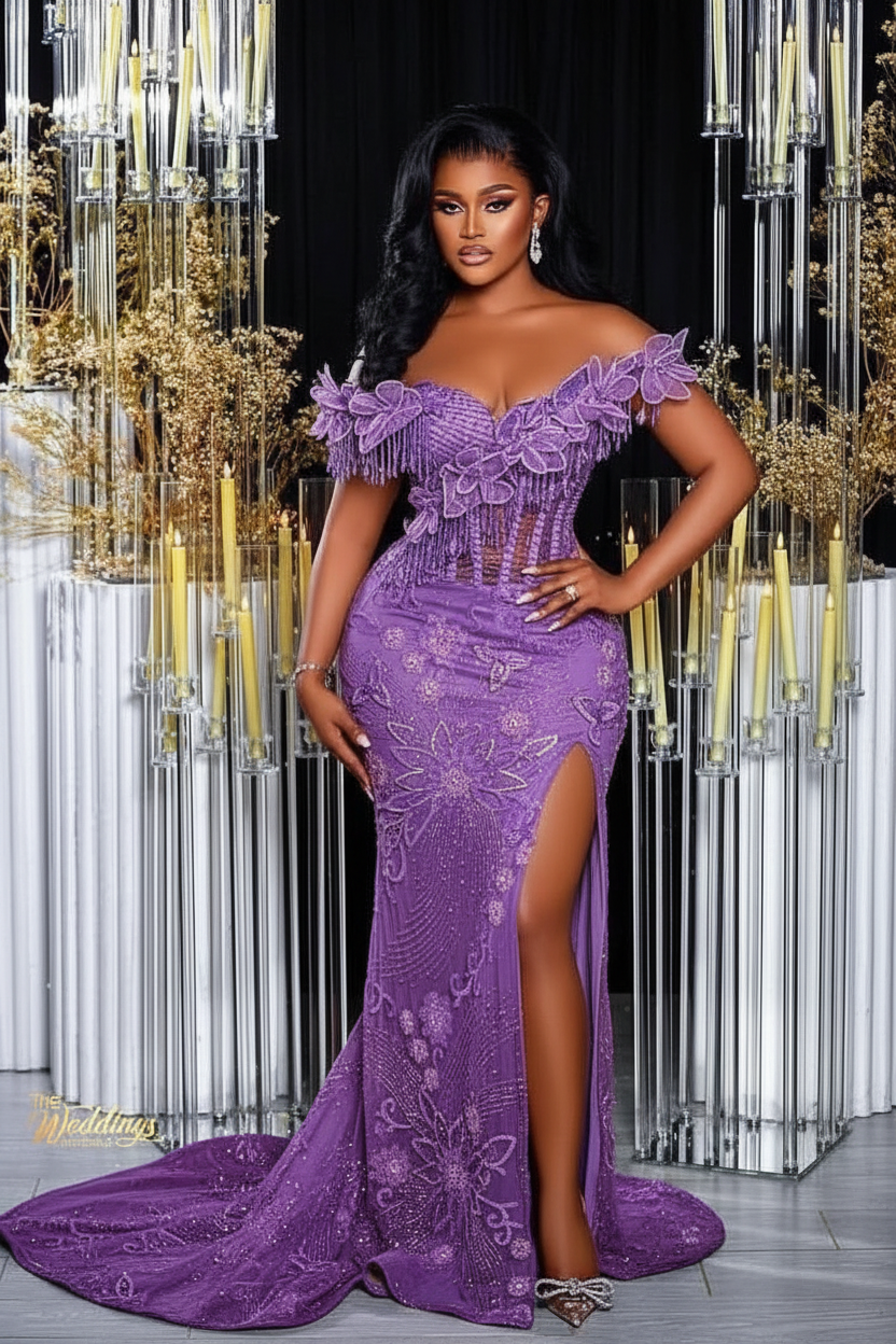 Purple off-the-shoulder split-front mermaid prom dress